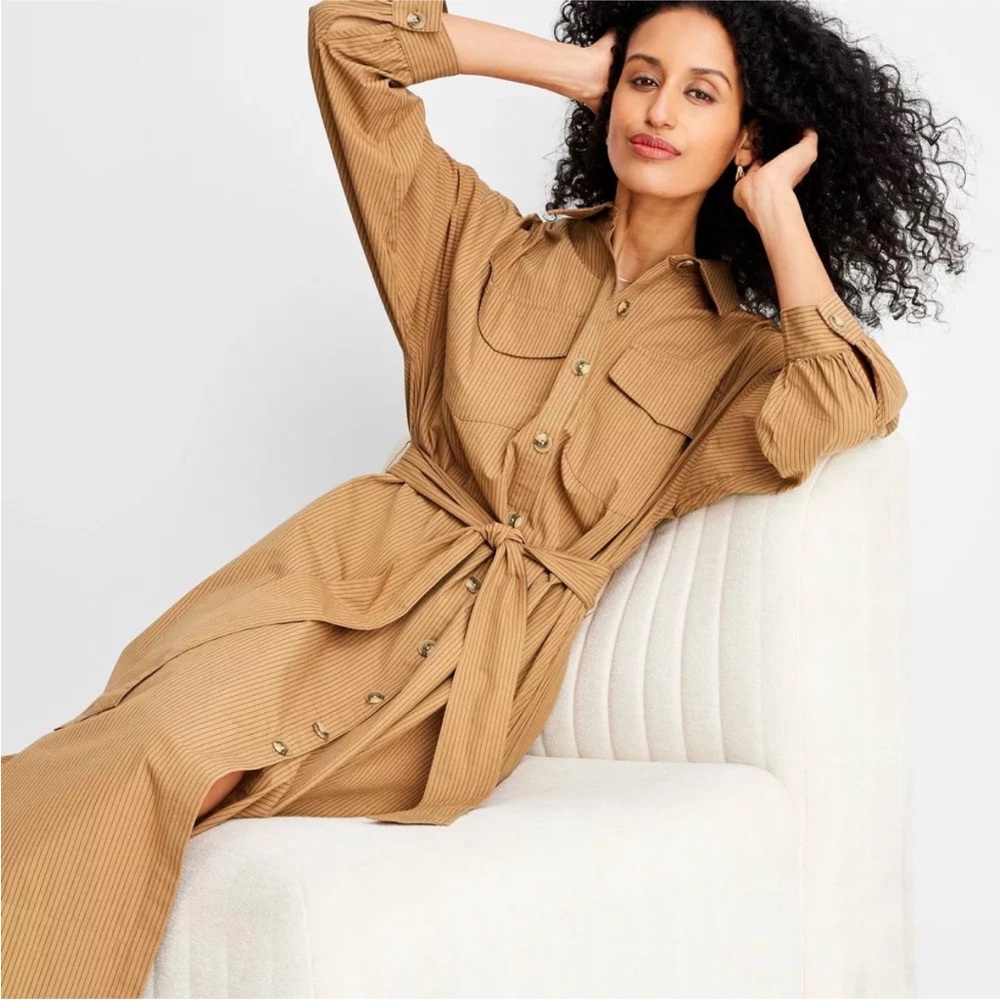 Future Collective Tan Stripe Button-Up Belted Shirt Dress
